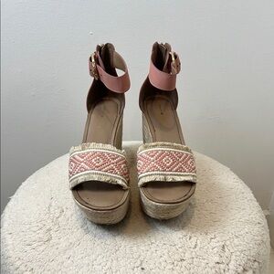 Tommy Hilfiger Pink and Tan Espadrille Wedge Sandals size 9.